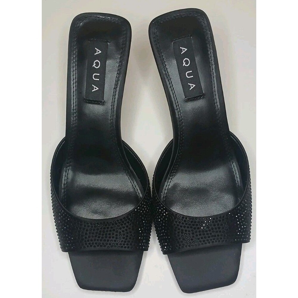 AQUA Women's Sz 7.5 Embellished Stiletto Mules Onyx Black Slip-on Sparkle NIB - Picture 2 of 16
